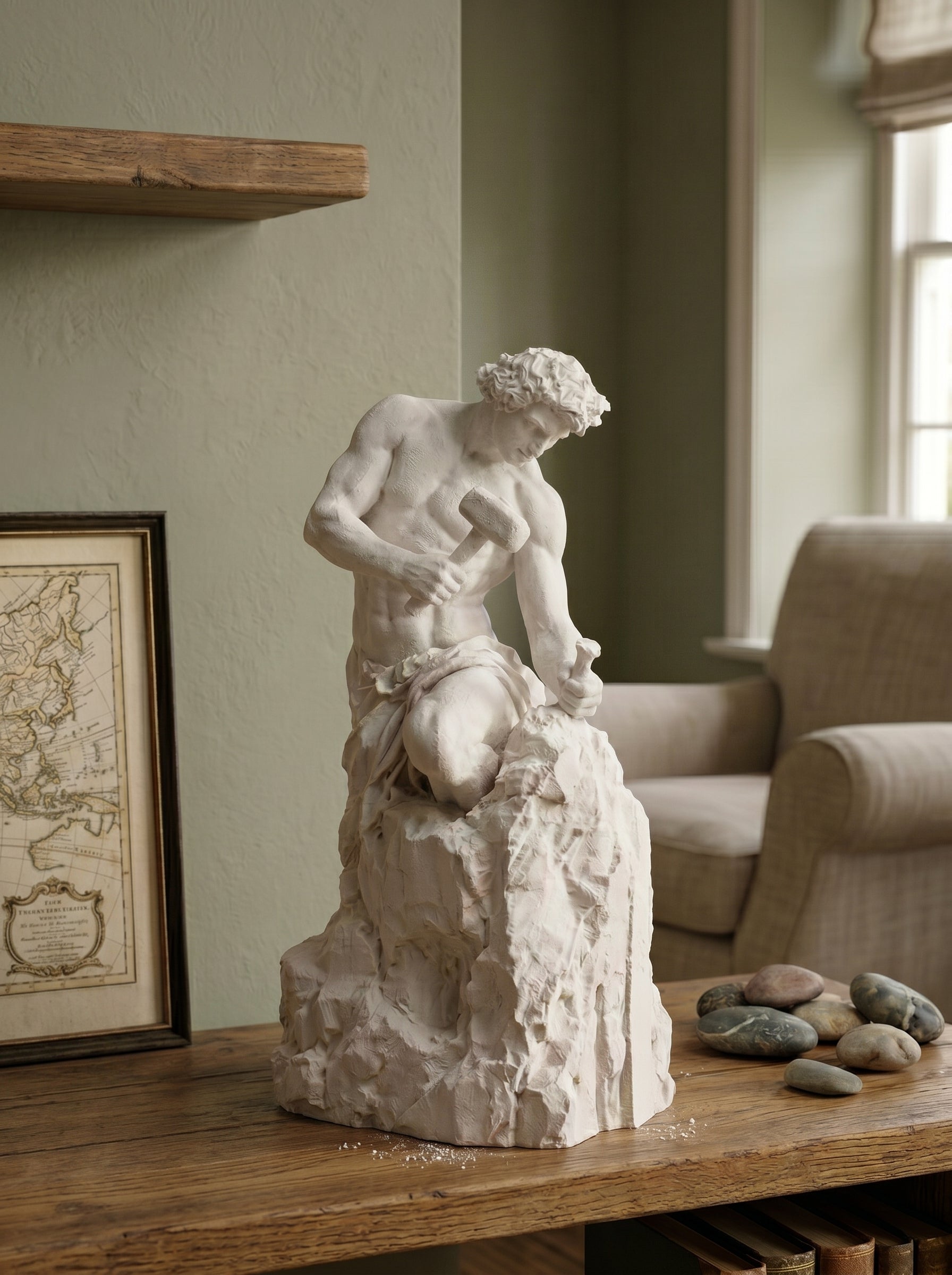  « L'Homme qui se fait tout seul » en résine effet plâtre blanc-Sculpture de table classique « L'homme se créant lui-même » avec un marteau et un burin-Objet décoratif artistique et inspirant pour la maison et le bureau