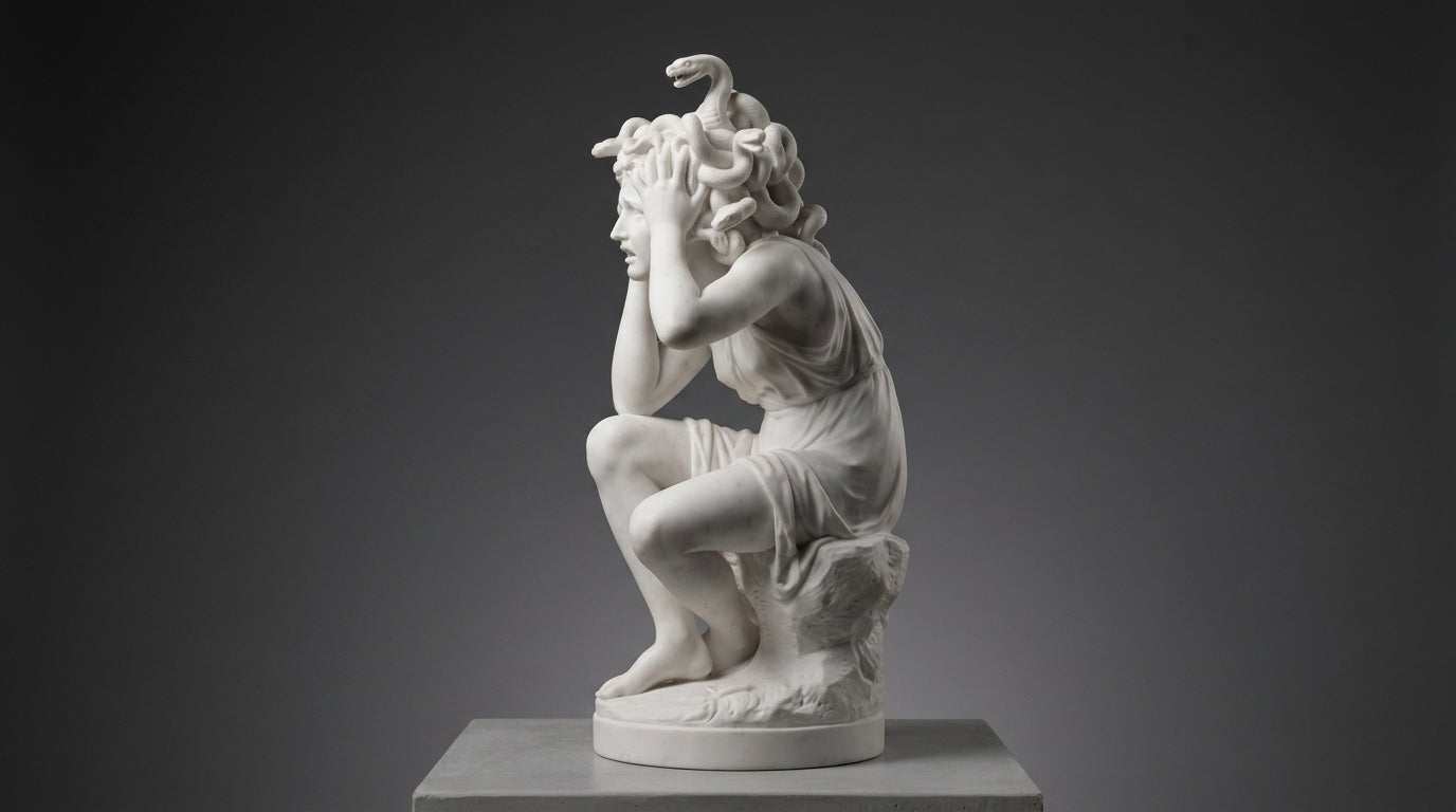 Scultura in marmo bianco che raffigura La Metamorfosi di Medusa con dettagli dei serpenti nella chioma e espressione drammatica