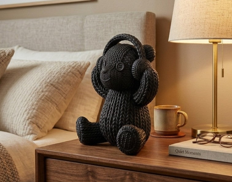Statuetta Orsetto "Tech-Cozy" con Cuffie - Decorazione Design Effetto Maglia Taraflo