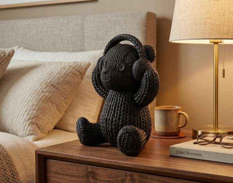 Orsetto «Tech-Cozy» con Cuffie — Statuetta in Resina Nera Opaca (Effetto Maglia) - Taraflo