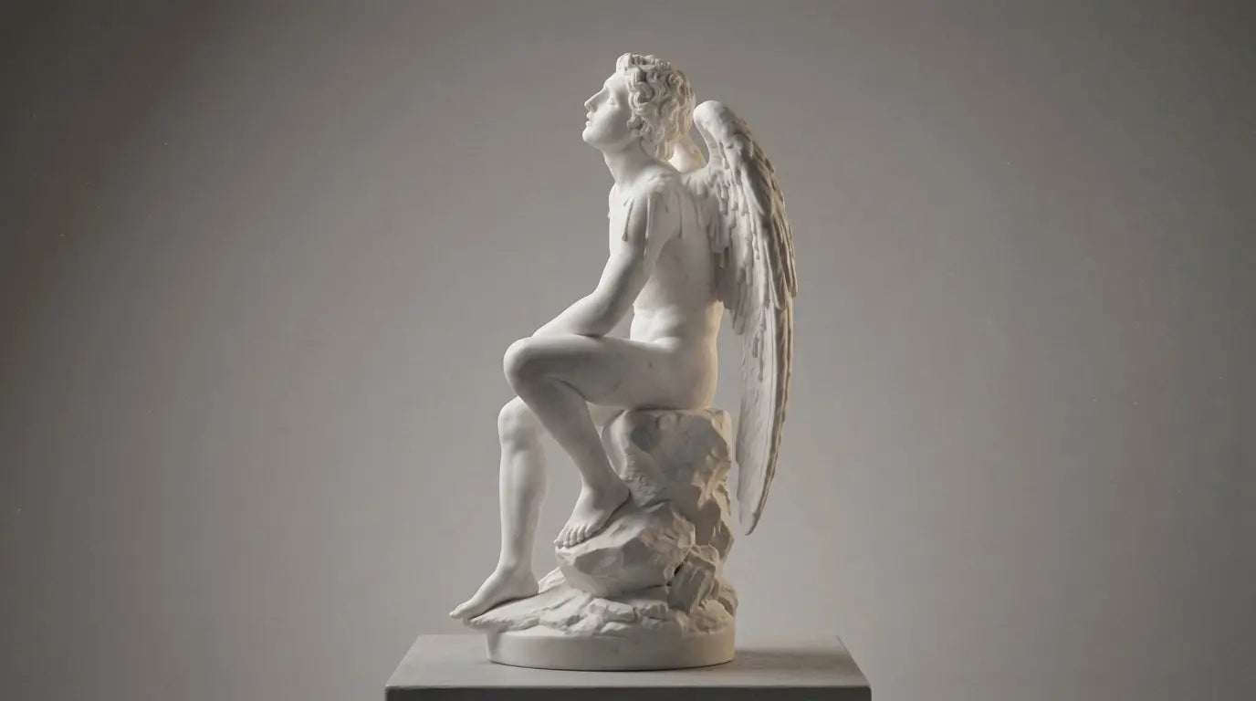 Statua in marmo bianco che rappresenta La Caduta di Icaro con ali spezzate e espressione di terrore mitologico neoclassico