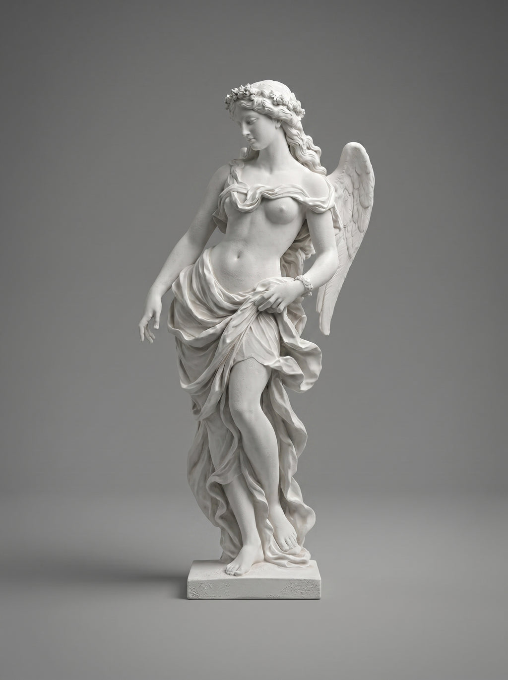 Scultura Angelo Sensuale in resina effetto gesso, statua alata drappeggiata dal gusto neoclassico