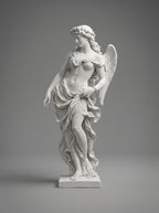Scultura Angelo Sensuale in resina effetto gesso, statua alata drappeggiata dal gusto neoclassico