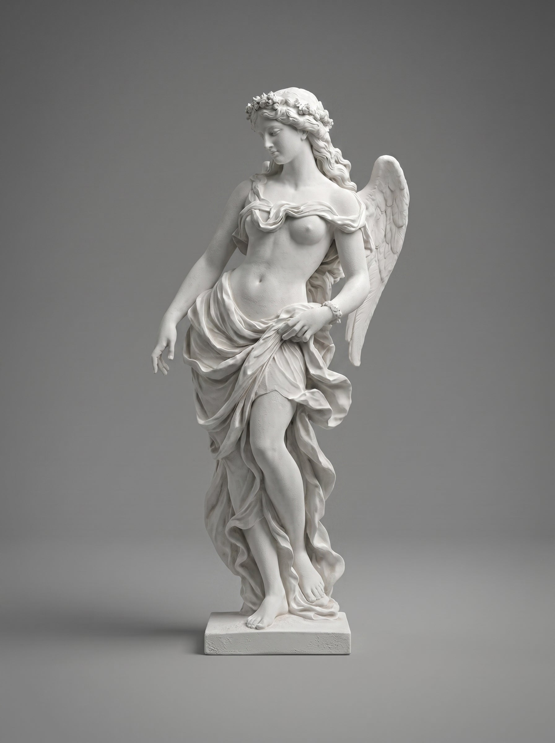 Scultura Angelo Sensuale in resina effetto gesso, statua alata drappeggiata dal gusto neoclassico
