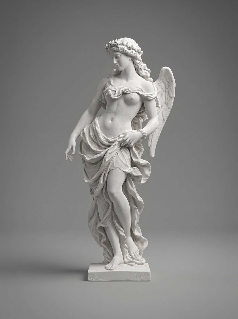 Scultura Angelo Sensuale in resina effetto gesso, statua alata drappeggiata dal gusto neoclassico