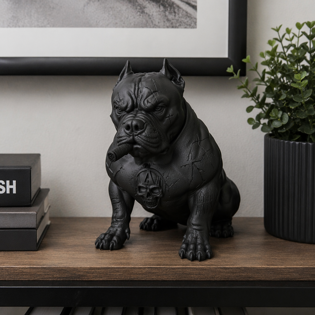 Statua Gotica Pitbull Nero Opaco in Resina – Scultura Urban Dark | Bulldog Muscoloso con Cicatrici, Teschio e Design Street Art | Decorazione Moderna da Collezione Taraflo
