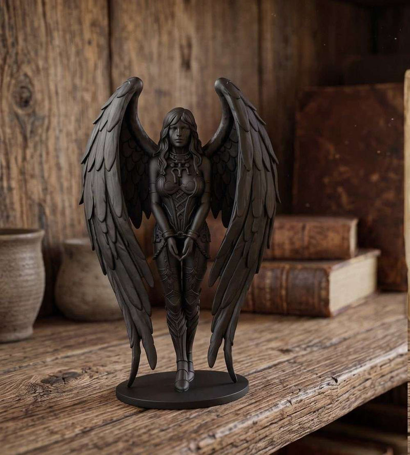 Statua gotica in resina di Angelo Oscuro Incatenato con ali incatenate e sguardo malinconico