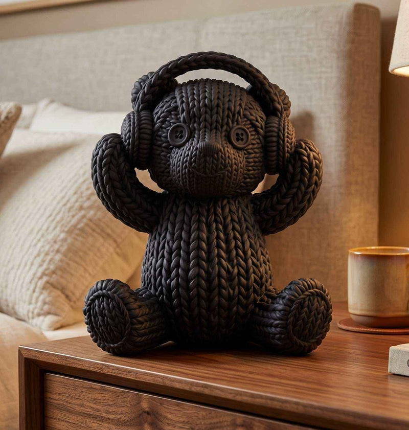 Orsetto «Tech-Cozy» con Cuffie — Statuetta in Resina Nera Opaca (Effetto Maglia) - Taraflo