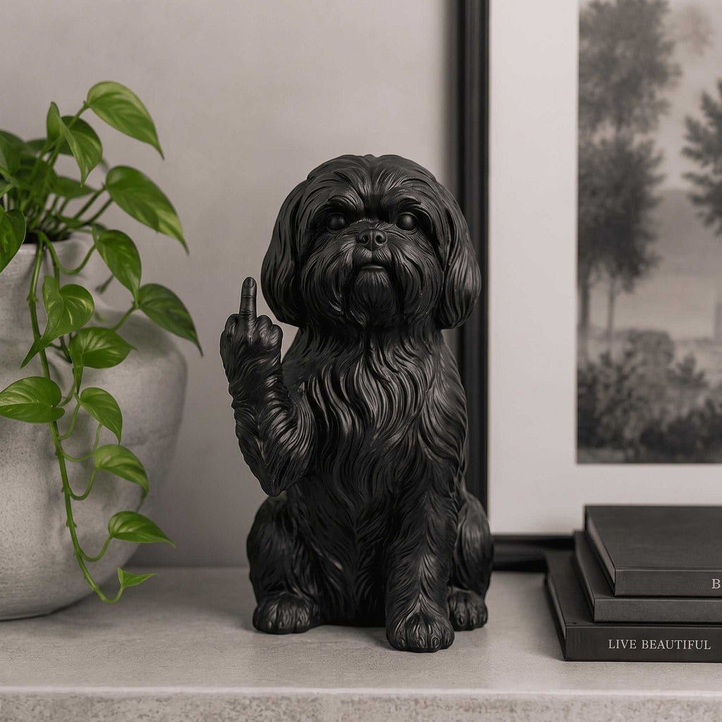 Statuetta cane Shih Tzu in resina nera, elegante e decorativa fatta a mano