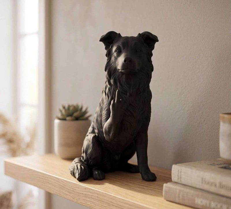 Statuetta Border Collie in resina nera e bianca, raffinata e artigianale