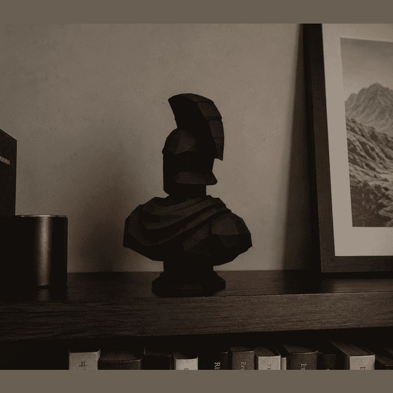 Busto Spartano Low-Poly — Scultura da Collezione in Resina Nera Opaca - Taraflo