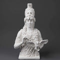 Busto di Atena Parthenos in resina con elmo corinzio e civetta, scultura artigianale italiana ideale per decorazioni neoclassiche e spazi di studio