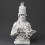 Busto di Atena Parthenos in resina con elmo corinzio e civetta, scultura artigianale italiana ideale per decorazioni neoclassiche e spazi di studio