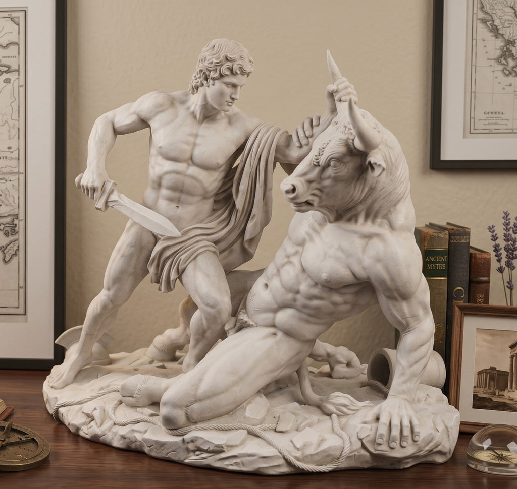 Thésée et le Minotaure : une sculpture en résine effet plâtre inspirée de la mythologie grecque classique | Décoration