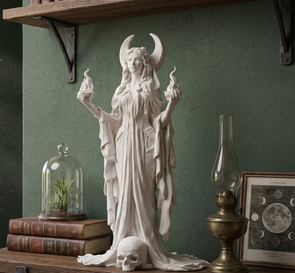 "Hécate" em resina com efeito de gesso branco - Escultura clássica da Deusa da Lua e da Magia com tochas flamejantes e crânio - Ornamento artístico, Wicca e decoração para casa e altar