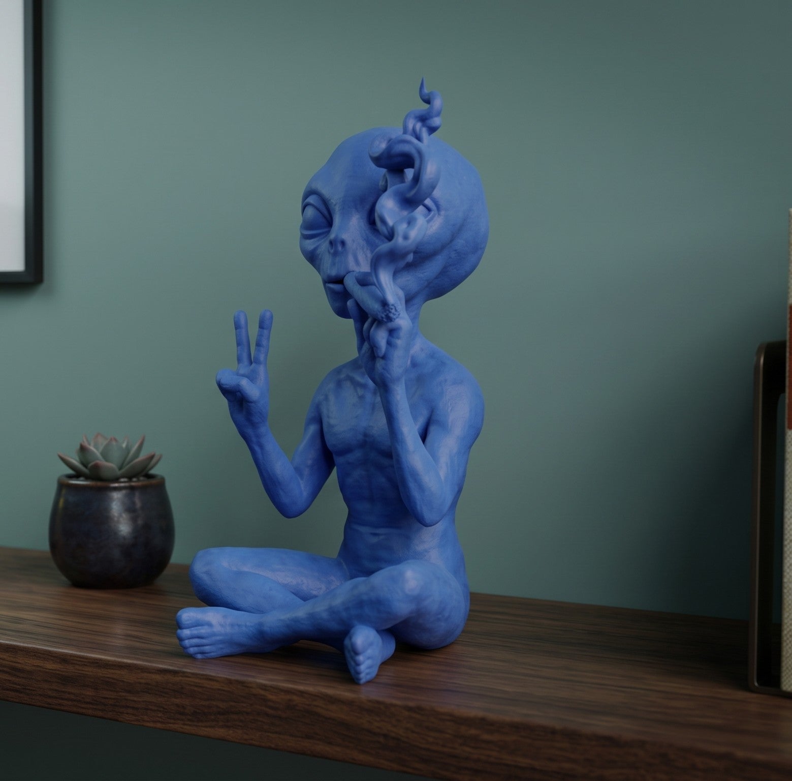 Alienígena azul fumando en meditación | Estatua decorativa de arte pop y diseño para estante o escritorio