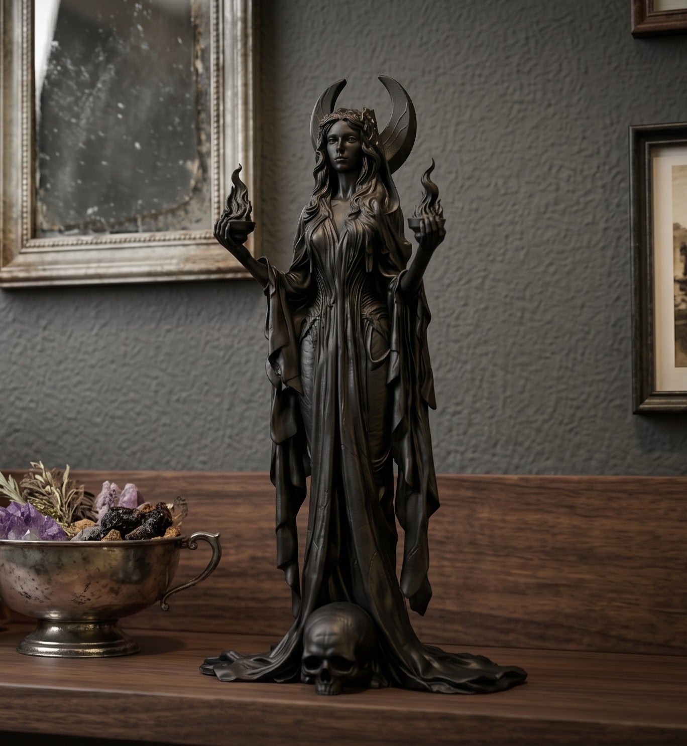 "Ecate / Hecate" in Resina Nero Satinato - Scultura Dea della Magia e della Luna con Torce Fiammeggianti e Teschio - Soprammobile Gotico Pagan Wicca per Casa e Altare