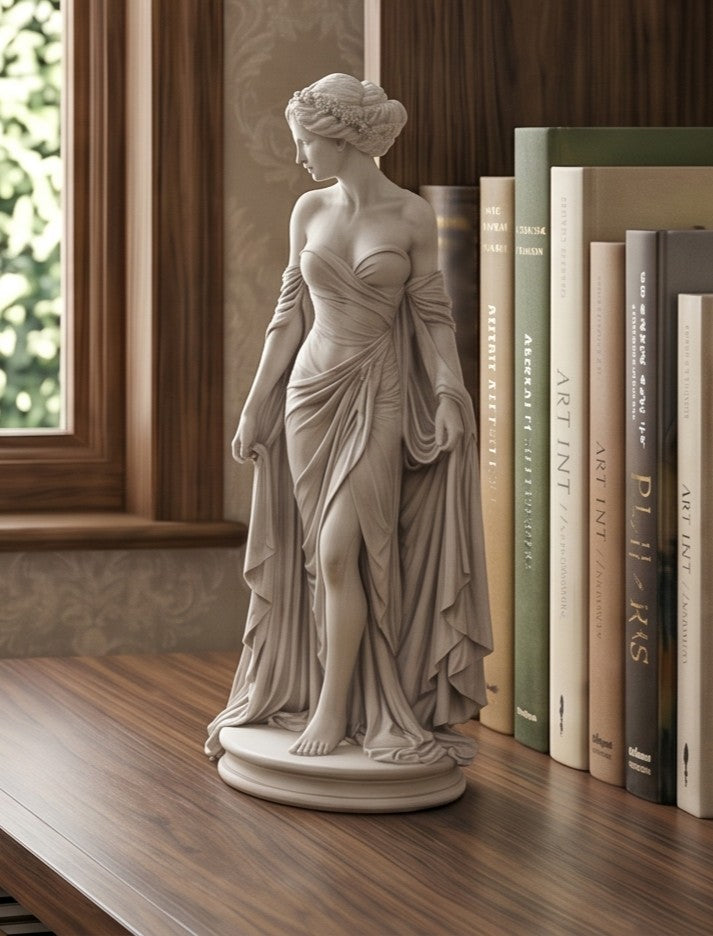 Statuetta "Venere / Dea della Bellezza" in Resina Effetto Gesso Bianco - Scultura Neoclassica d'Arredo con Abito Drappeggiato e Dettagli Finemente Intagliati - Soprammobile Elegante per Casa, Studio e Salotto