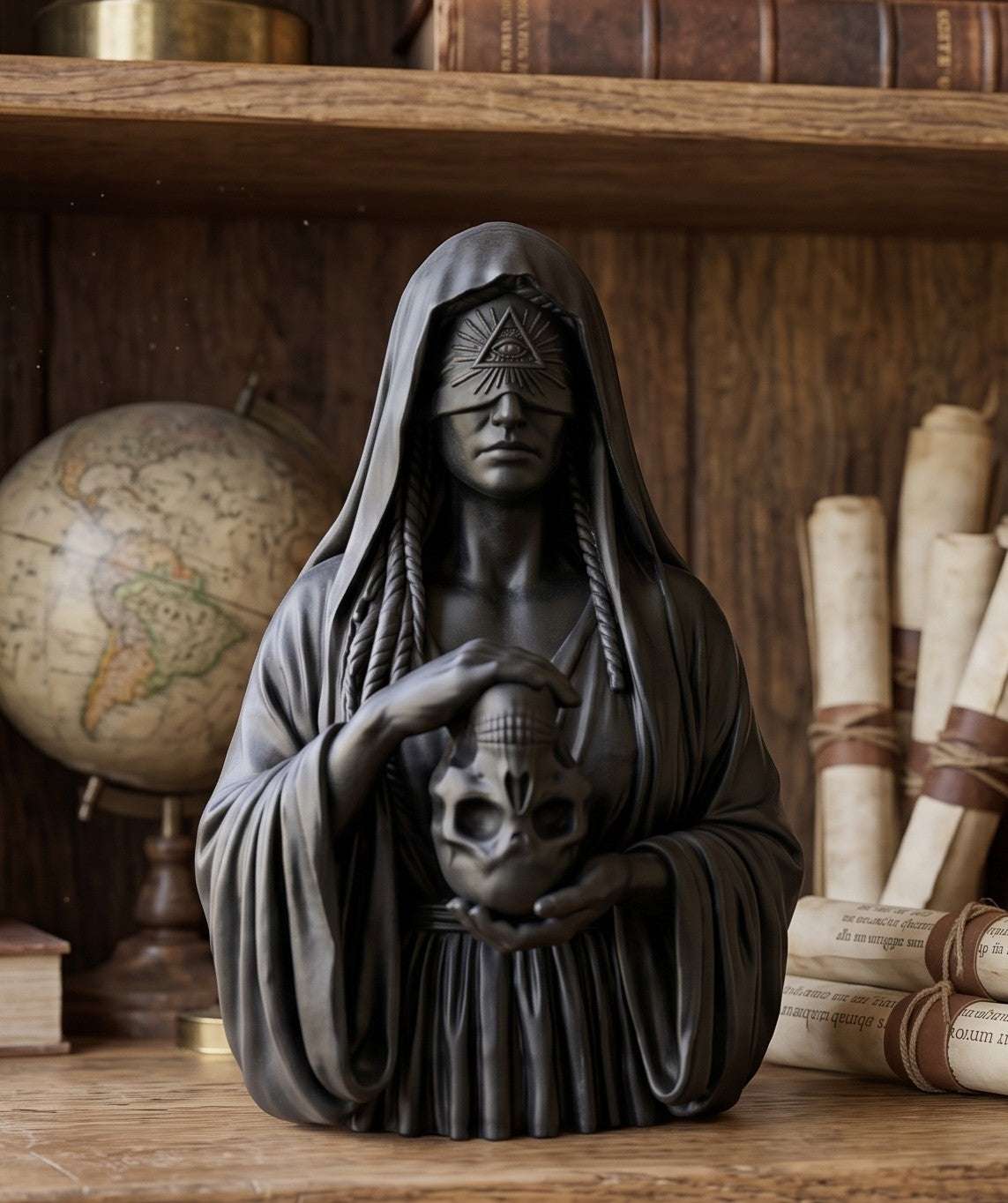 Statua Busto Illuminati Memento Mori in Resina Nera – Scultura Esoterica con Occhio della Provvidenza e Teschio | Arredo Occulto e Dark Academia