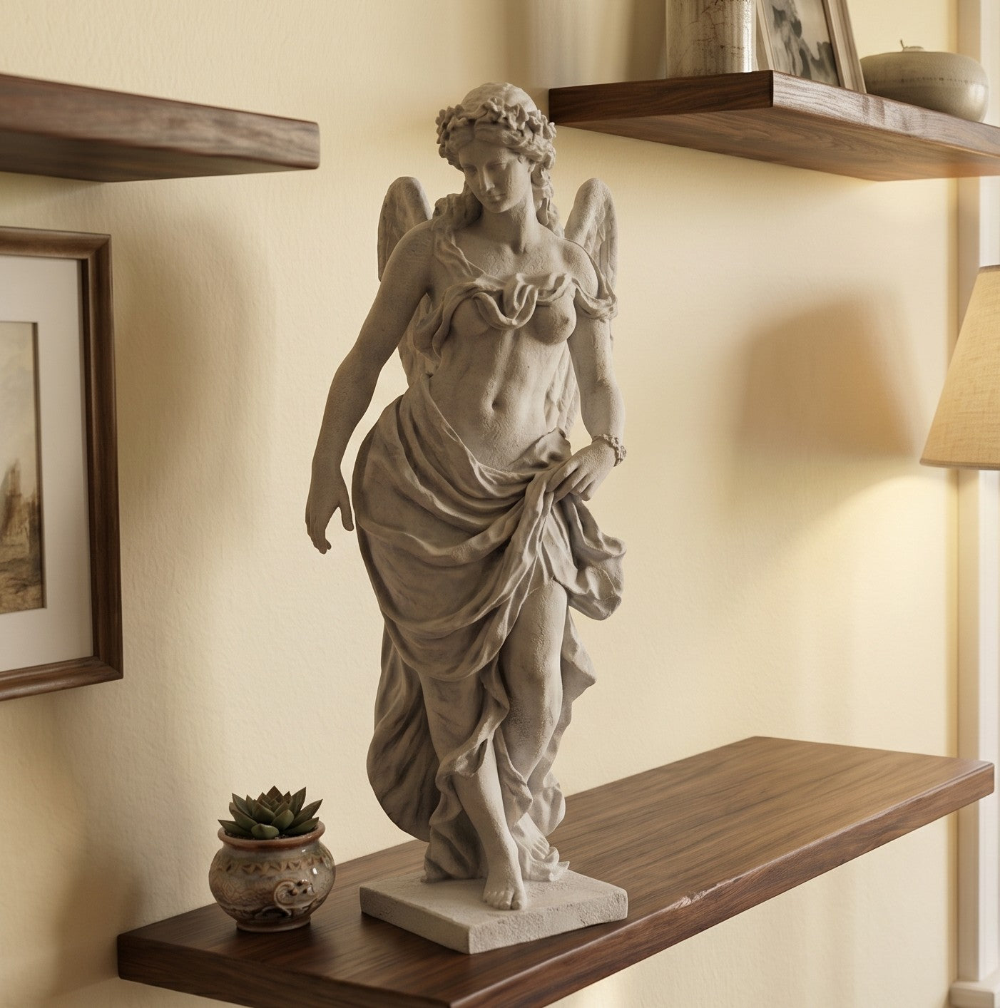 Statua Angelo Sensuale vista da vicino, corona di fiori e dettagli del panneggio