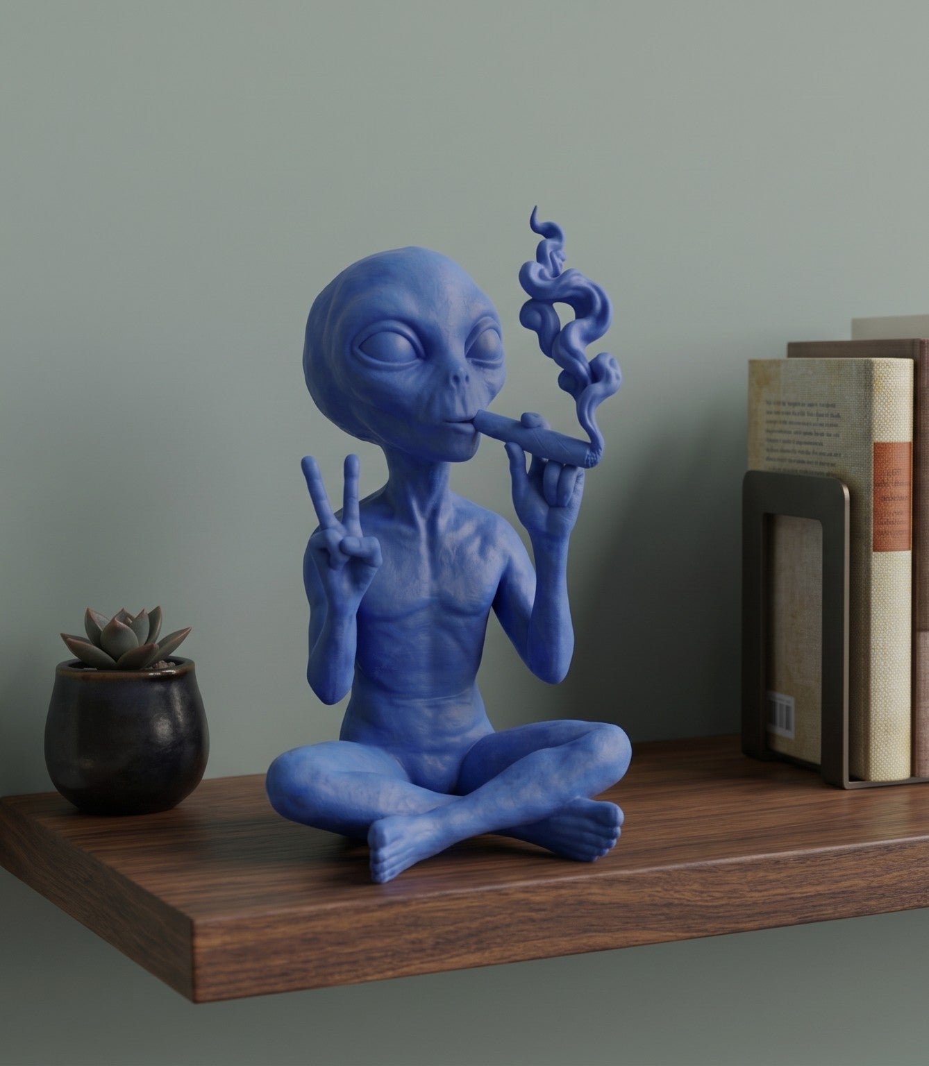 Alienígena azul fumando en meditación | Estatua decorativa de arte pop y diseño para estante o escritorio