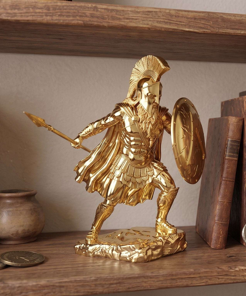 Statuetta Guerriero Spartano in Resina Dorata – Statua Re Leonida con Lancia e Scudo | Arredamento Casa e Studio