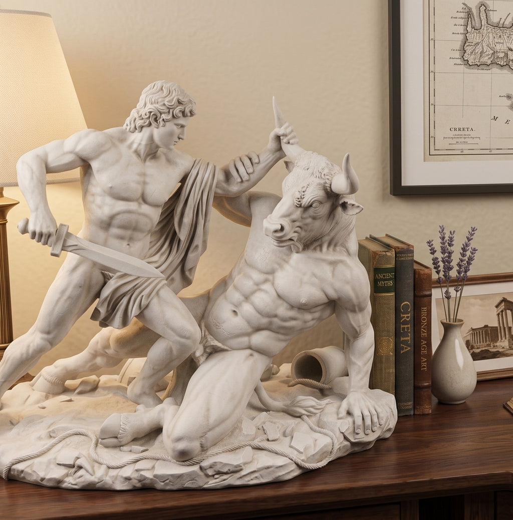 Thésée et le Minotaure : une sculpture en résine effet plâtre inspirée de la mythologie grecque classique | Décoration