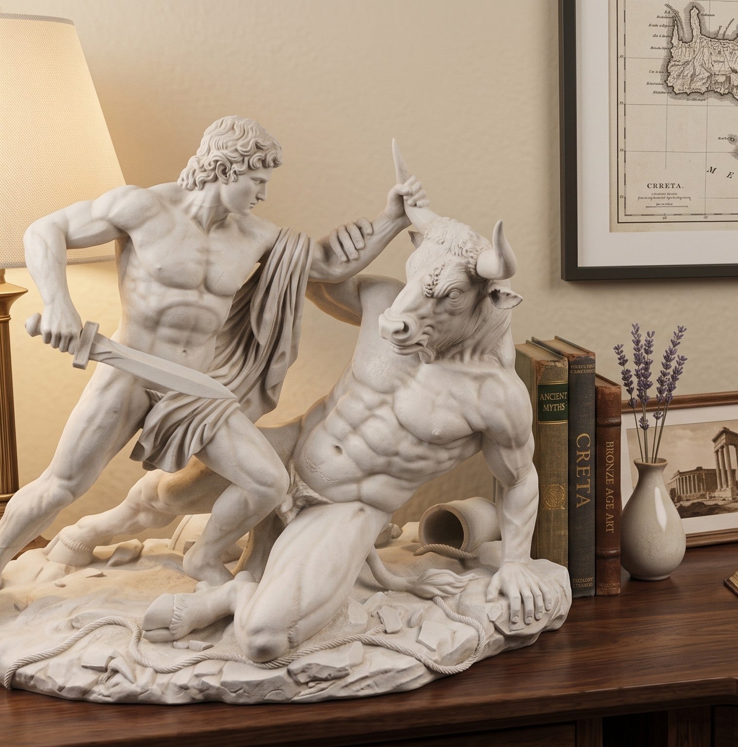 Thésée et le Minotaure : une sculpture en résine effet plâtre inspirée de la mythologie grecque classique | Décoration