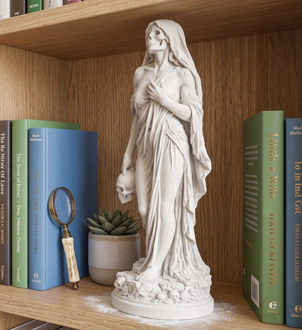 Statua Venere Macabra Memento Mori in Resina Effetto Gesso – Scultura Gotica Neoclassica con Teschio e Velo per Halloween | Arredo Dark Academia