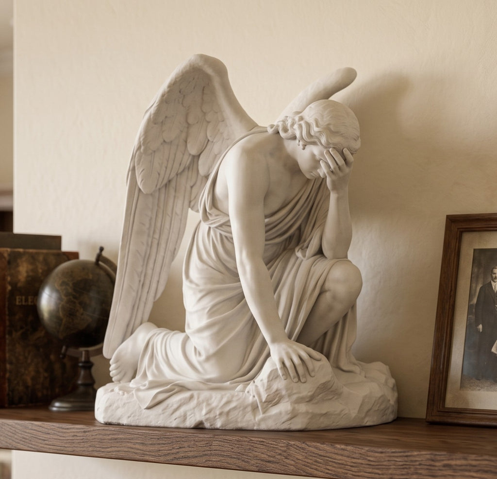 Estátua do Anjo Caído, A Queda de Lúcifer, em Resina com Efeito de Gesso | Escultura Dark Academia, Decoração Gótica e Fantástica