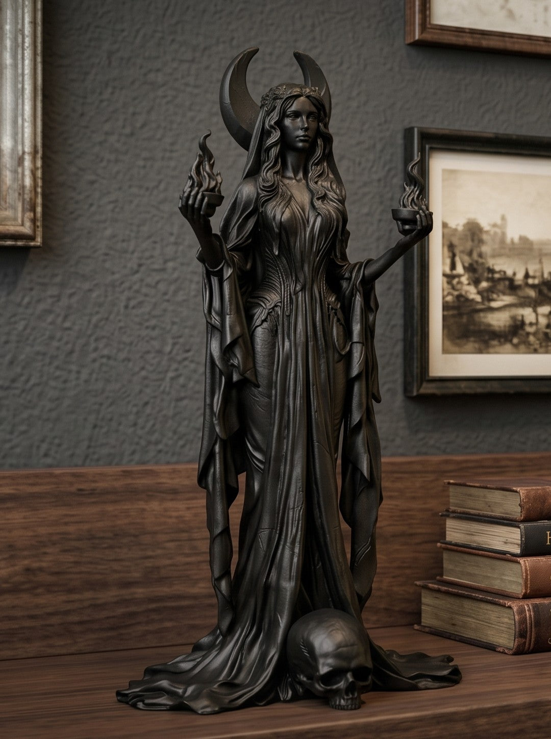 "Ecate / Hecate" in Resina Nero Satinato - Scultura Dea della Magia e della Luna con Torce Fiammeggianti e Teschio - Soprammobile Gotico Pagan Wicca per Casa e Altare