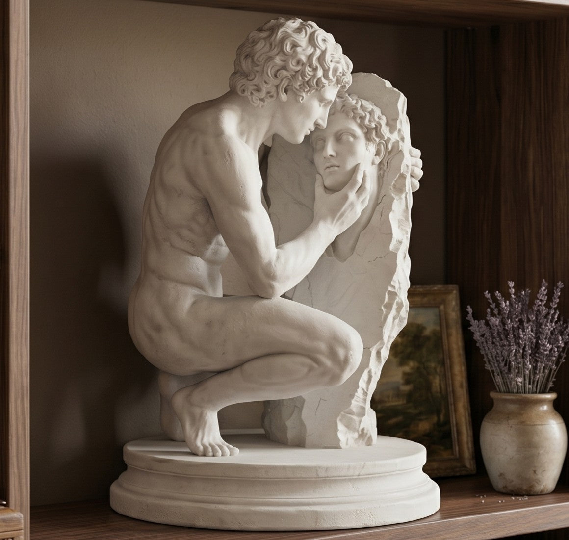 Narciso al Vischio d'Acqua – Scultura MitologicaClassica in Resina Effetto gesso