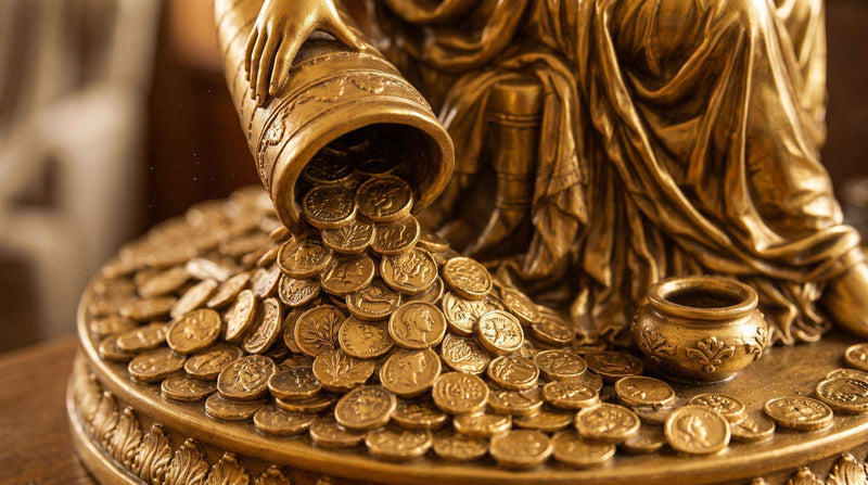 Statua Dea della Fortuna Bendata — Scultura in Resina Effetto Oro con Monete