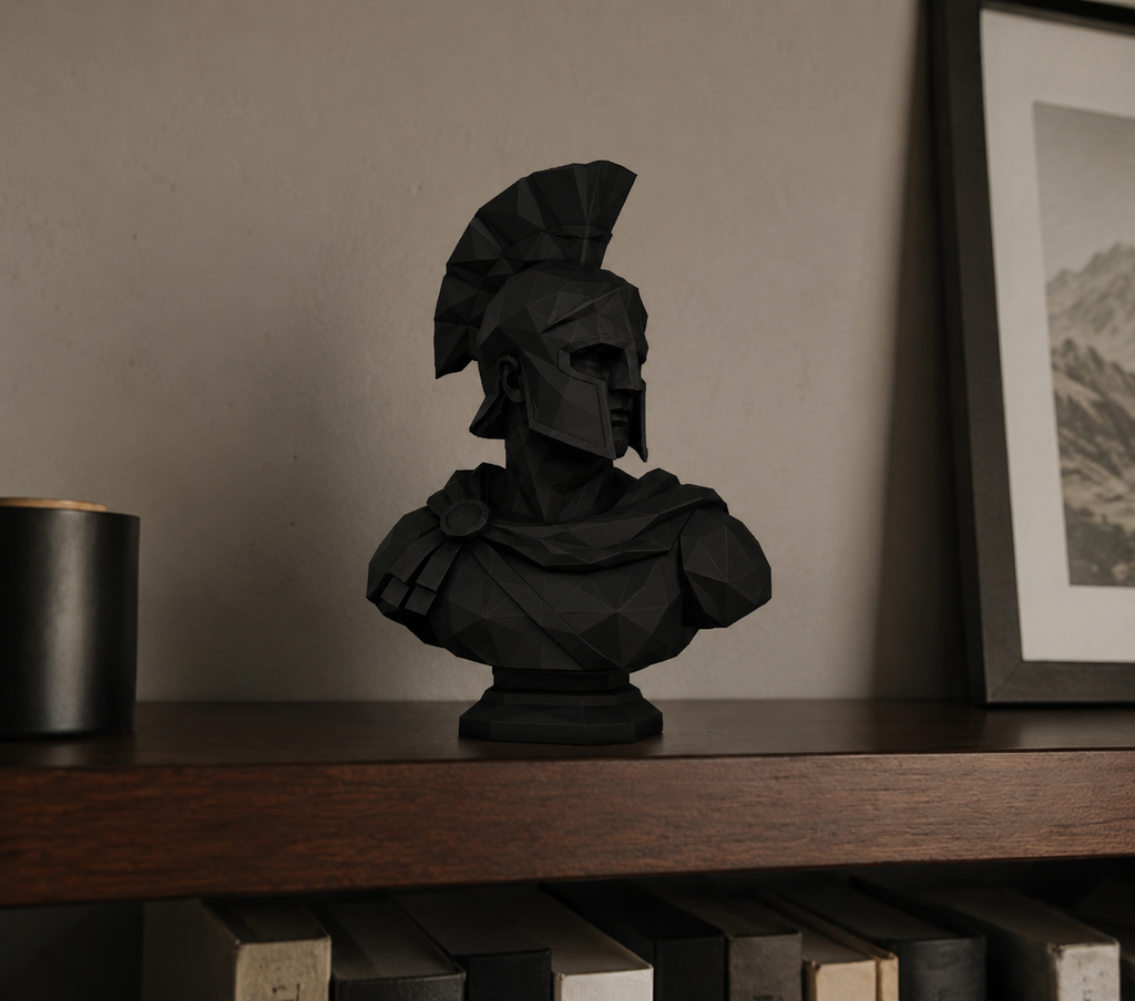 Busto Spartano Low Poly in Resina Nera Opaca – Scultura Decorativa dal Design Moderno