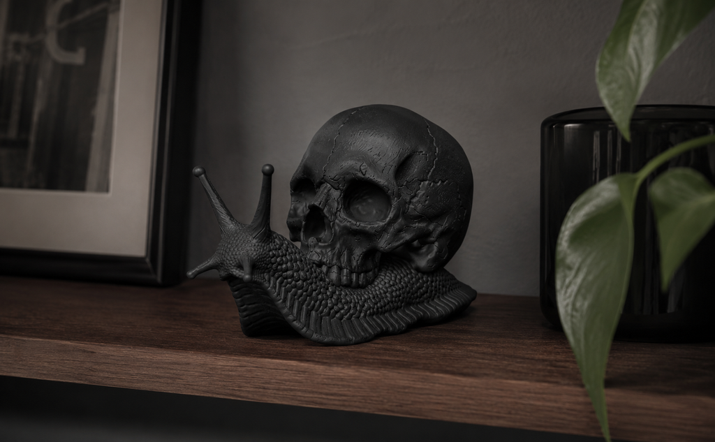 Memento Mori – Scultura Teschio su Lumaca in Resina Nera Opaca | Decorazione Gothic di Design | Arredo Dark Moderno