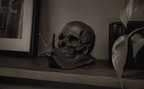 Memento Mori — Scultura Teschio su Lumaca in Resina Nera Opaca - Taraflo