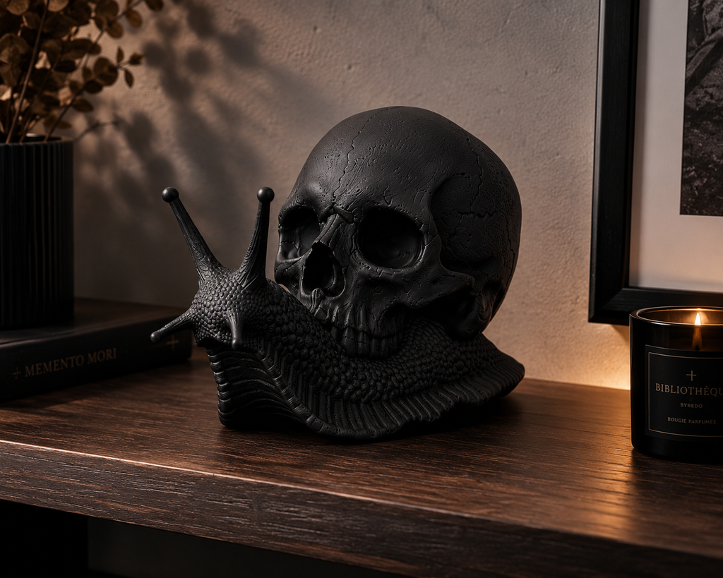 Memento Mori – Scultura Teschio su Lumaca in Resina Nera Opaca | Decorazione Gothic di Design | Arredo Dark Moderno