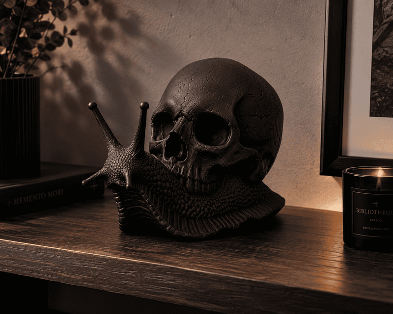 Memento Mori — Scultura Teschio su Lumaca in Resina Nera Opaca - Taraflo