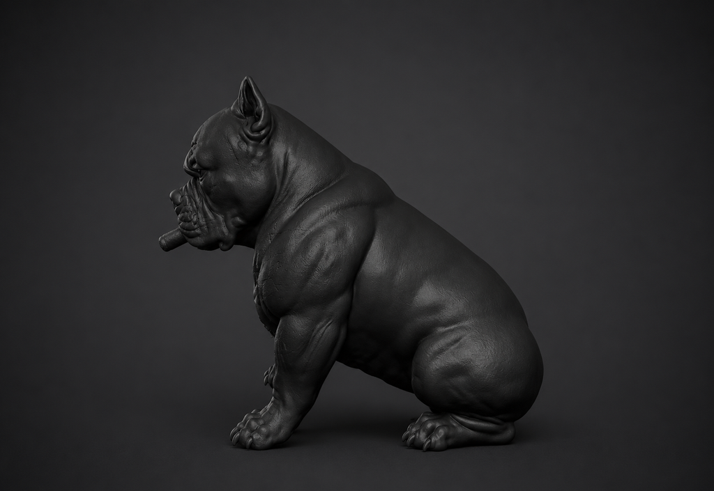 Statua Gotica Pitbull Nero Opaco in Resina – Scultura Urban Dark | Bulldog Muscoloso con Cicatrici, Teschio e Design Street Art | Decorazione Moderna da Collezione Taraflo