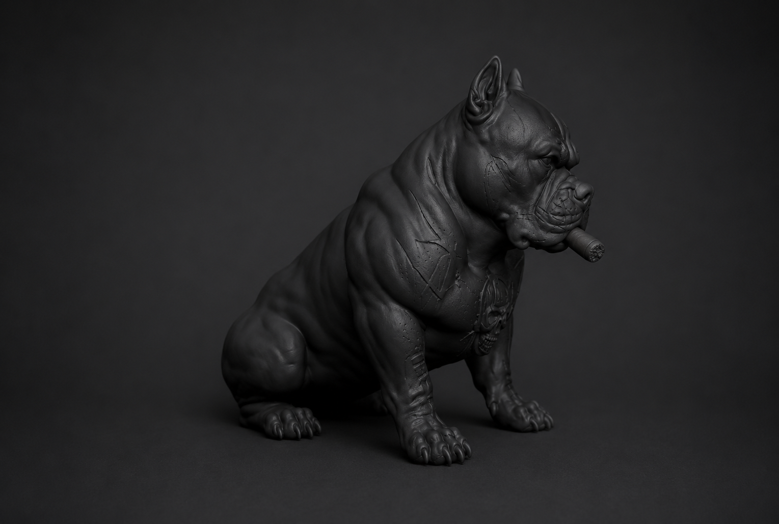 Statua Gotica Pitbull Nero Opaco in Resina – Scultura Urban Dark | Bulldog Muscoloso con Cicatrici, Teschio e Design Street Art | Decorazione Moderna da Collezione Taraflo