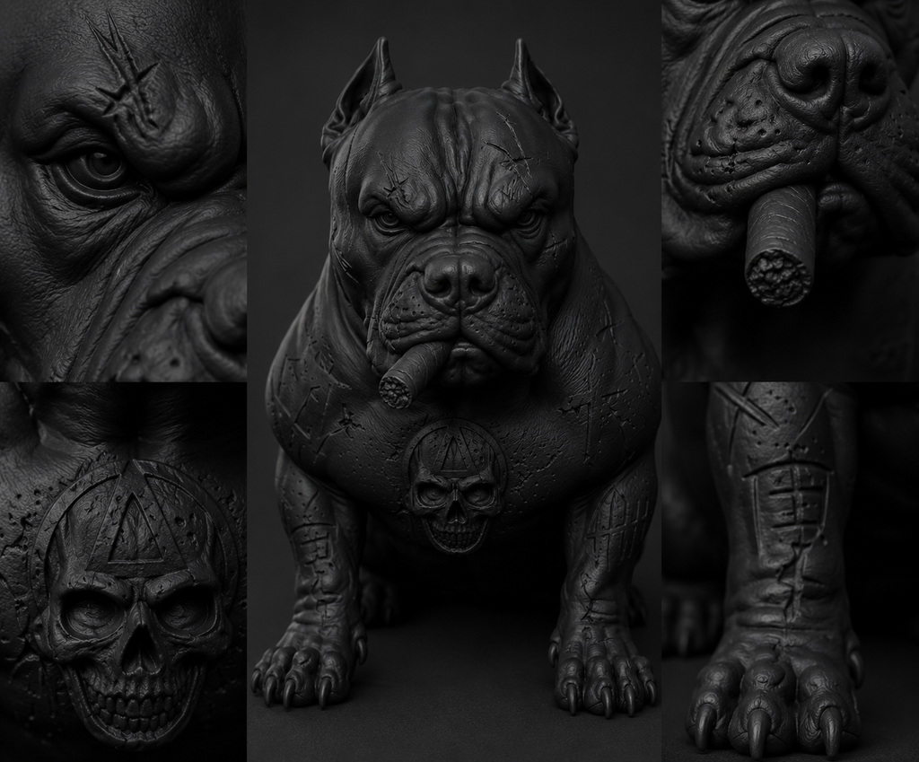 Statua Gotica Pitbull Nero Opaco in Resina – Scultura Urban Dark | Bulldog Muscoloso con Cicatrici, Teschio e Design Street Art | Decorazione Moderna da Collezione Taraflo