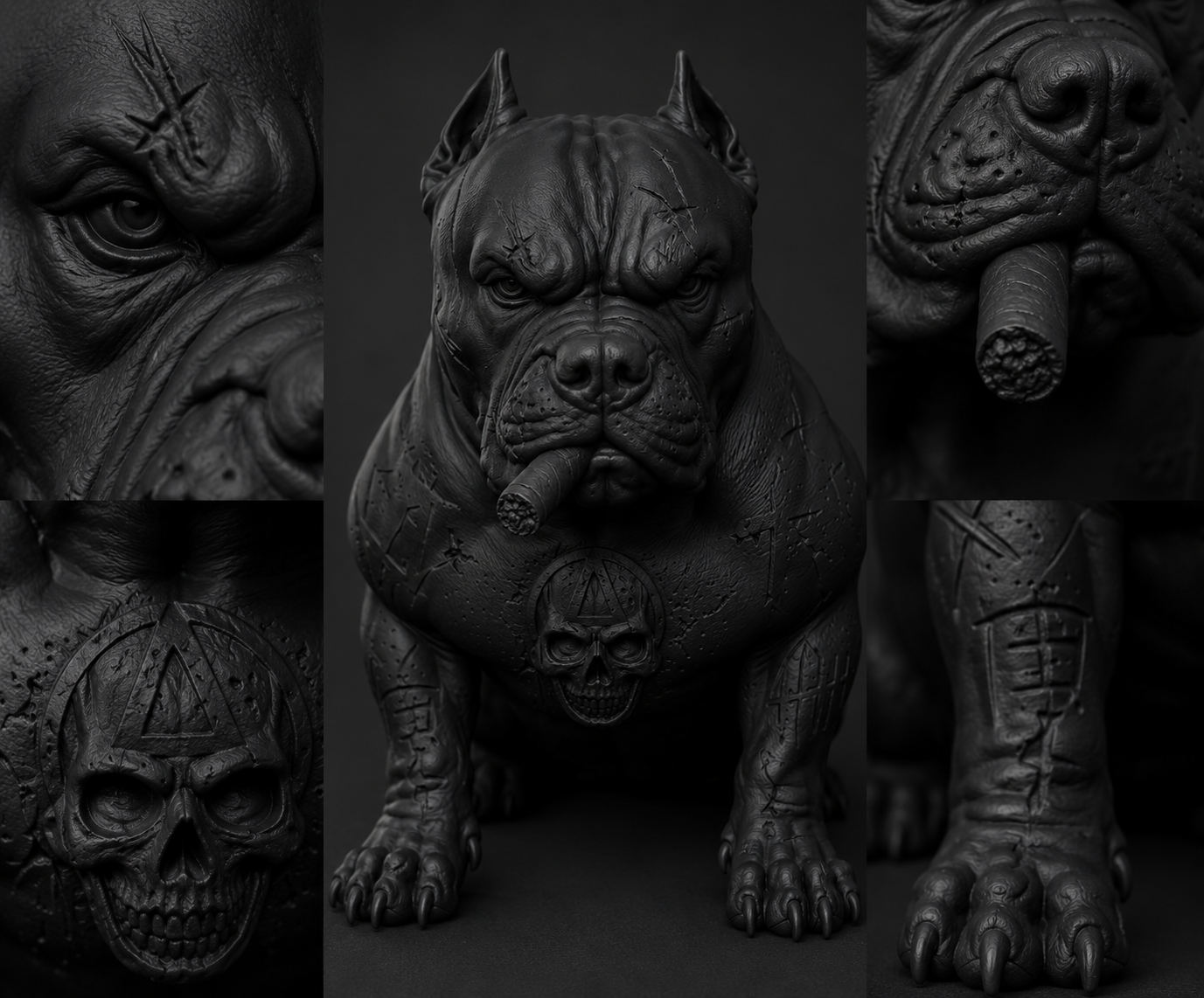 Statua Gotica Pitbull Nero Opaco in Resina – Scultura Urban Dark | Bulldog Muscoloso con Cicatrici, Teschio e Design Street Art | Decorazione Moderna da Collezione Taraflo