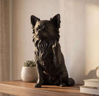 Statuetta Chihuahua a pelo lungo in resina nera, dettaglio artigianale e design elegante