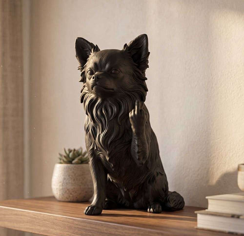 Statuetta Chihuahua a pelo lungo in resina nera, dettaglio artigianale e design elegante