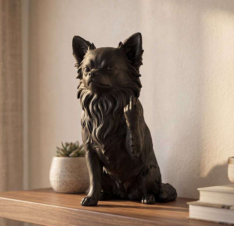 Statuetta Chihuahua a pelo lungo in resina nera, dettaglio artigianale e design elegante