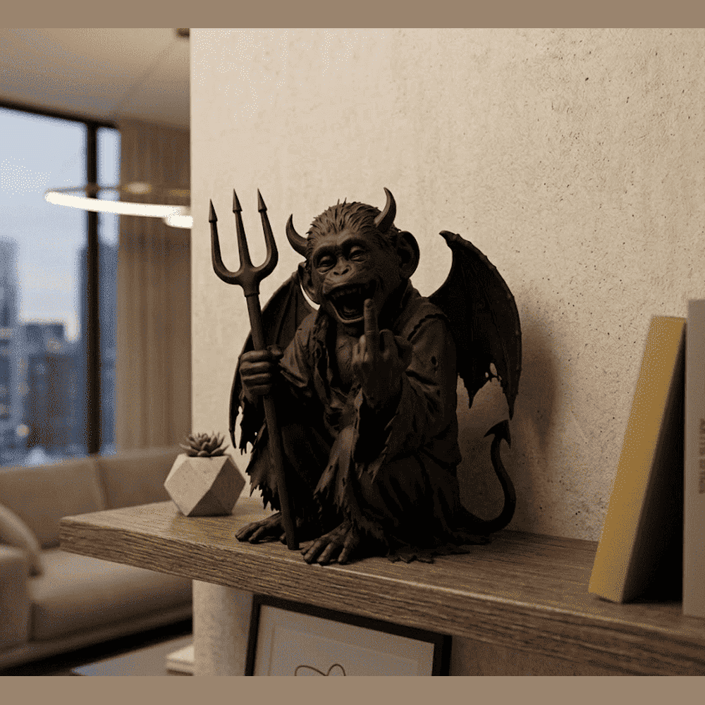 Demone Scimmia — Statua Dark Fantasy in Resina Nera Opaca - Taraflo