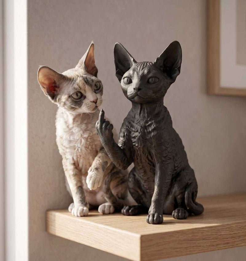 Statuetta Devon Rex in resina nera, posa seduta elegante di gatto, rifinita a mano
