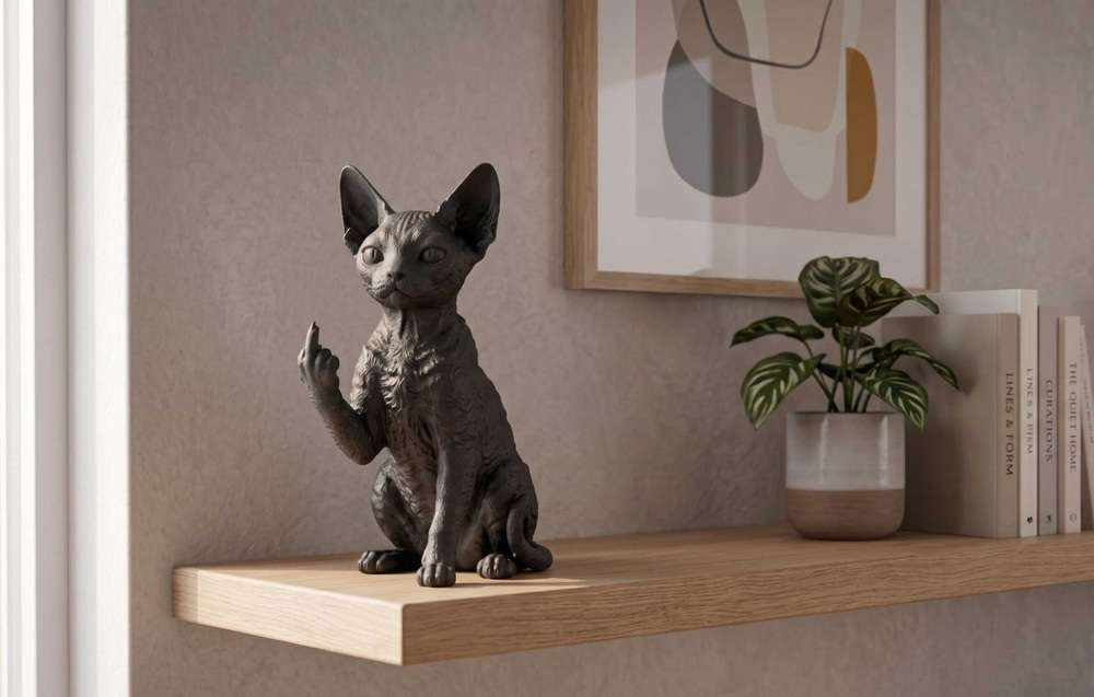 Statuetta Devon Rex in resina, vista laterale con dettagli della finitura