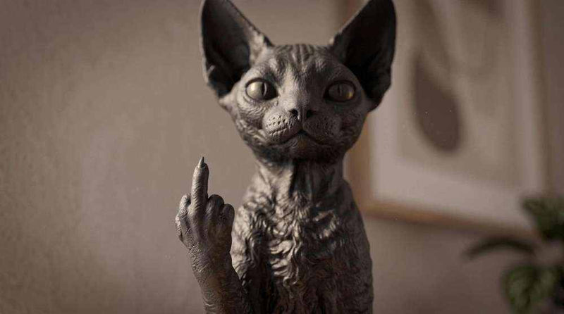 Dettaglio macro della statuetta Devon Rex in resina nera opaca