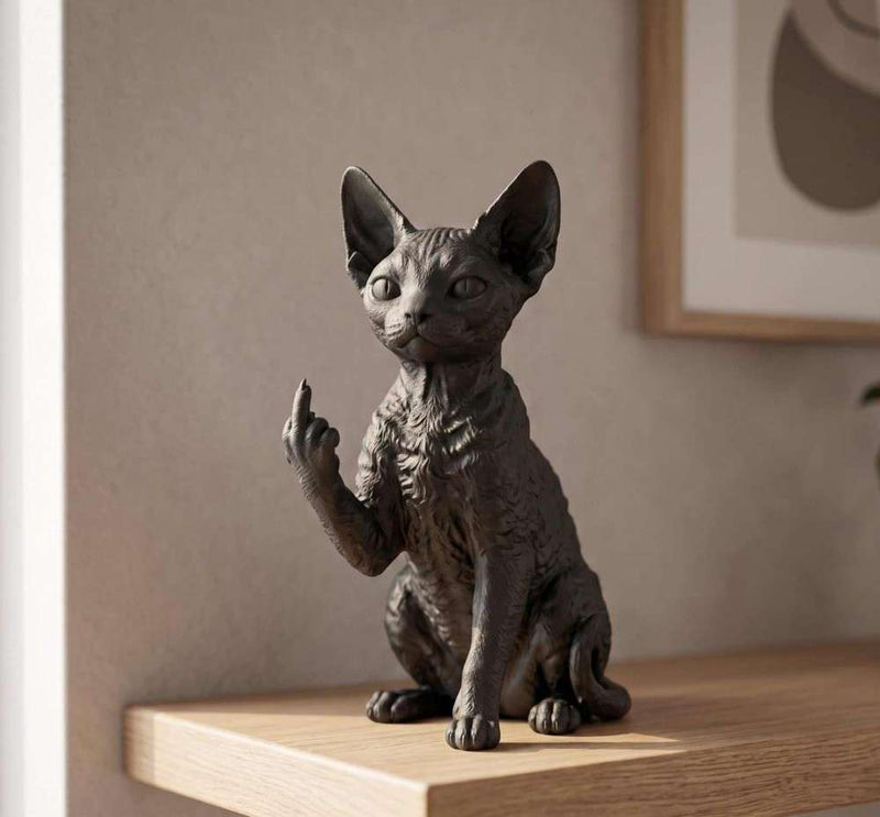Statuetta in resina del gatto Devon Rex seduto elegante con orecchie grandi, finitura nera opaca.